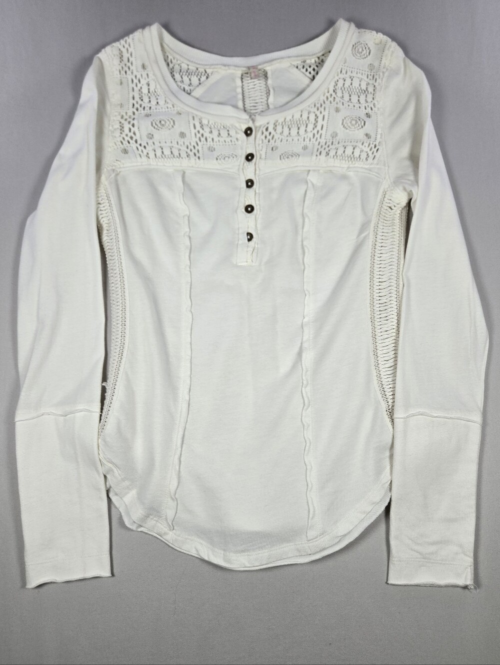 Free People Gold Coast Crochet Lace Henley Top Ivory Cream Size Small